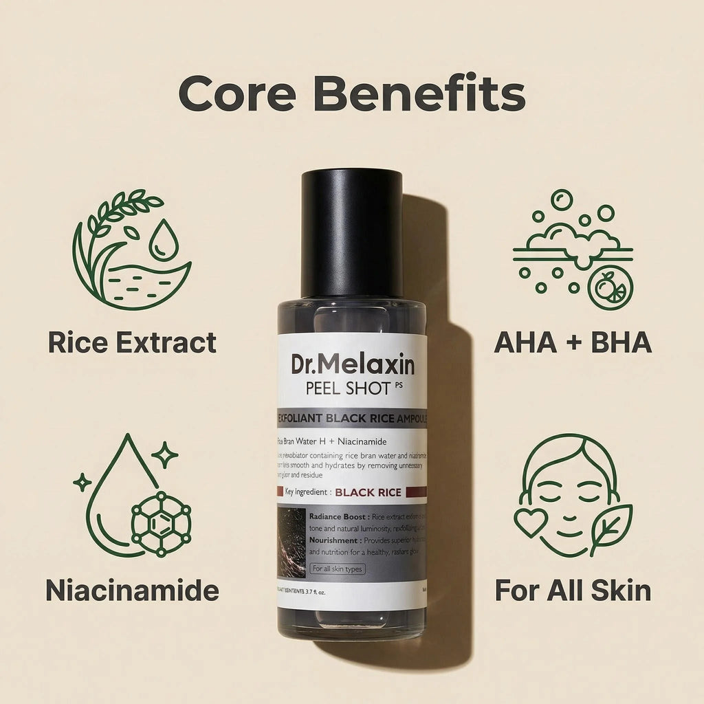 Dr. Melaxin Black Rice Peel Shot 80ml – Hydrating Exfoliating Ampoule with AHA BHA & Niacinamide for Smooth, Glowing Skin (All Skin Types)