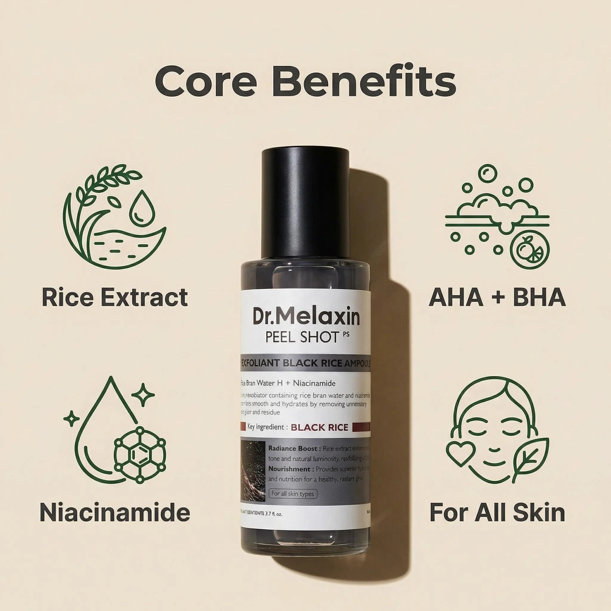 Dr. Melaxin Black Rice Peel Shot 80ml – Hydrating Exfoliating Ampoule with AHA BHA & Niacinamide for Smooth, Glowing Skin (All Skin Types)