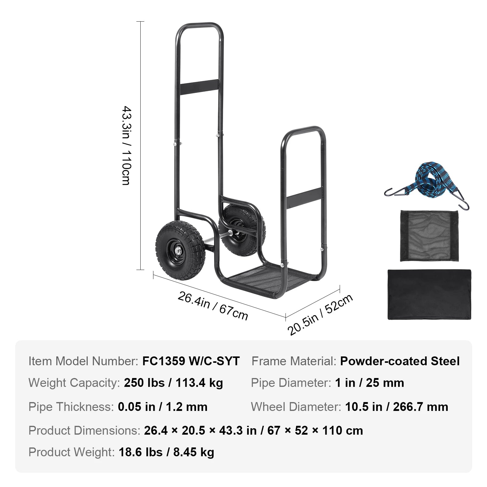 Heavy-Duty Firewood Cart with Wheels – 250 lb Outdoor Log Carrier