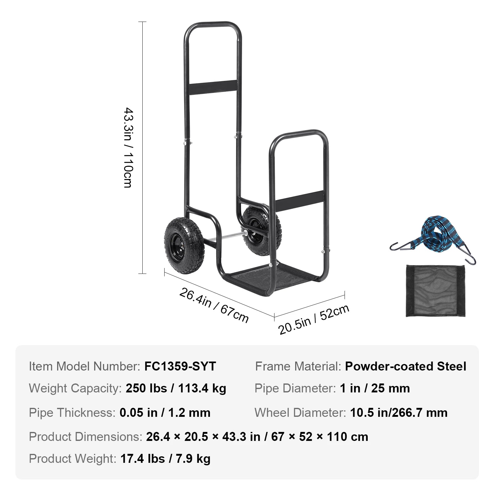 Heavy-Duty Firewood Cart with Wheels – 250 lb Outdoor Log Carrier